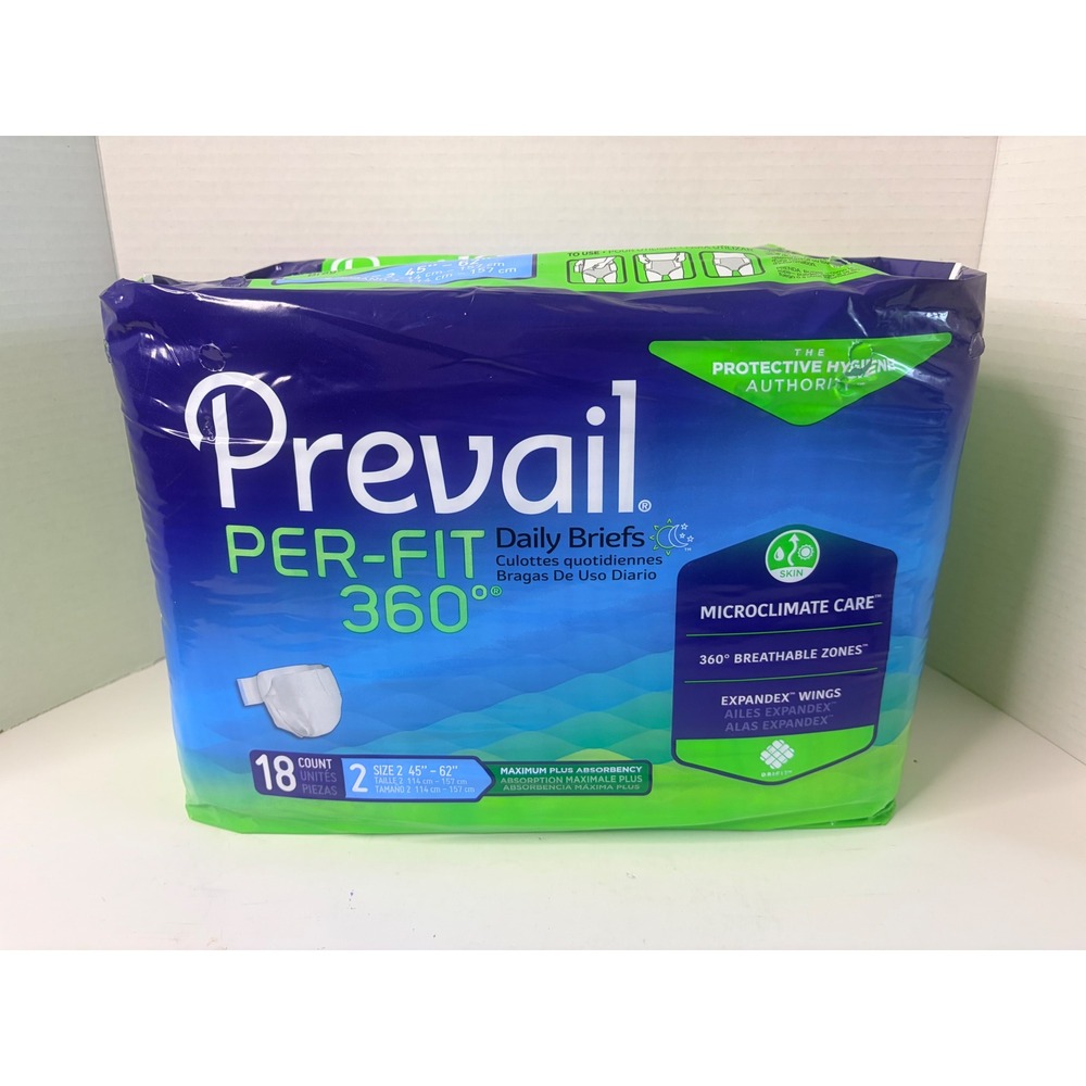 Prevail Per-Fit 360 Daily Briefs Size 2 45-62 Inch Maximum Plus 18 Count New